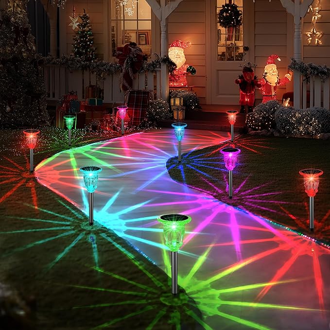Solar Pathway Lights Outdoor 4 Pack 10 Modes RGB Color Changing &amp White Solar Garden Lights 17.5 IP65 Waterproof Glass Stainless Steel Solar Powered Landscape Lights for Yard Walkway Driveway P