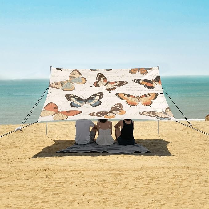 Retro Brown Butterflies Beach Tent Camping Sun Shelters Portable Outdoor Canopy Sun Shade for Camping Trips Fishing Backyard Fun or Picnics Easy Setup with Carrying Bag