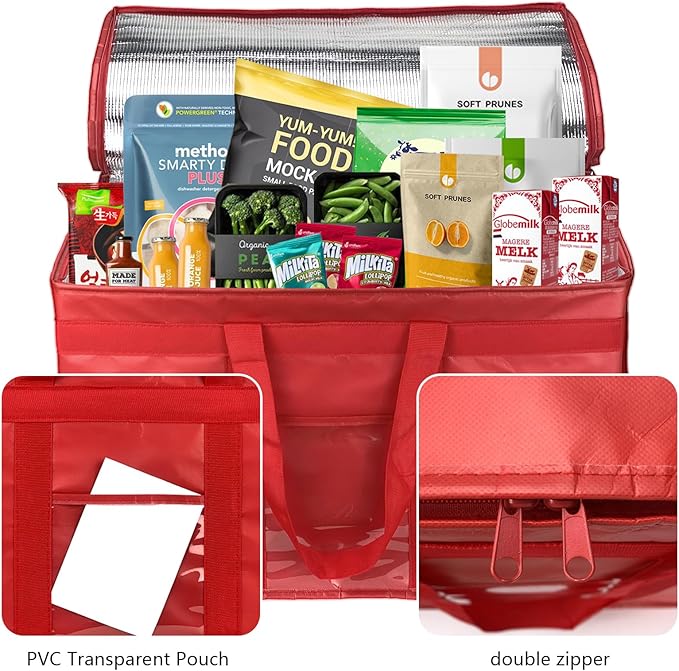 Heavy Duty Insulated Cooler Bag with Lid and Dual Zipper for Reusable Hot and Cold Food Delivery - Insulated Catering Bag (Red 3XL PRO)