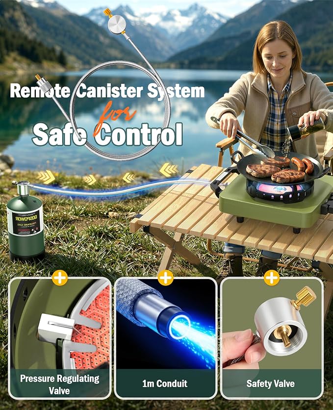 2 Propane Burners Camping Stove 30000 BTU Folding Camp Stove with Windproof Grates and Frying Pan Portable Camping Stoves with Carrying Bag Camping Essentials for Tailgating/Grilling/Coffee Green