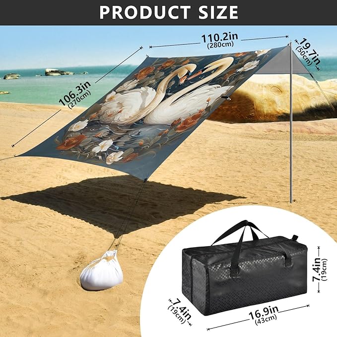 Camping Sun Shelters Swans Couple in Floral Circle Beach Canopy 126 * 110.2in