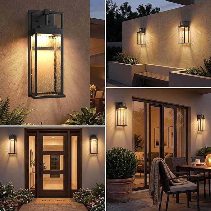 LED Outdoor Light Fixture 18Inch Waterproof Dusk to Dawn Outdoor Lighting Water Rippled Glass Exterior Lantern Sconce Modern Outside Wall Light for Porch House Garage Black