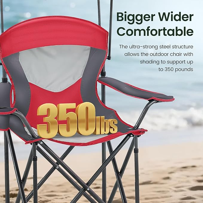 HIGH POINT SPORTS Camping Chairs with Shade Heavy Duty Canopy Lounge Chair Sunshade Hiking Travel Chair with Cup Holder for Outdoor Camping Beach and Patio Red