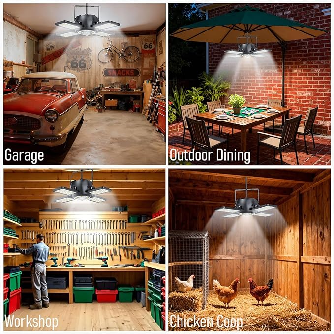 Solar Shed Light Outdoor Indoor Upgrade 1200LM 174LED 4 and 1 Heads Motion Sensor Pendant Light Solar Lights with 5 Lighting Modes Remote Control IP65 Waterproof for Barn Patio Gazebo Shop
