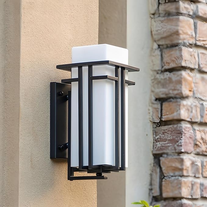 Outdoor Porch Light Wall Mounted Waterproof Wall Lantern Exterior Light Fixture for Entryways Yards Garage Front Porch Square Metal Frame with Frosted Glass Black
