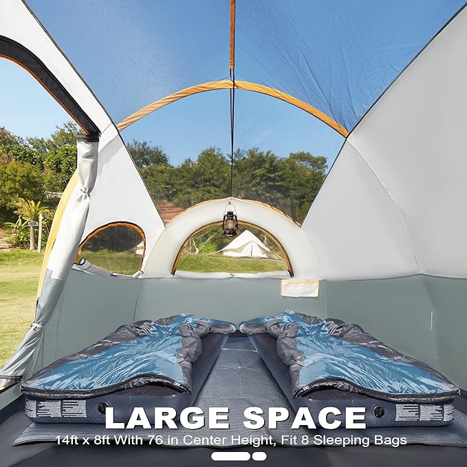 8 Person Tent for Camping Waterproof Windproof Family Tent with Rainfly Divided Curtain Design for Privacy Space Portable with Carry Bag