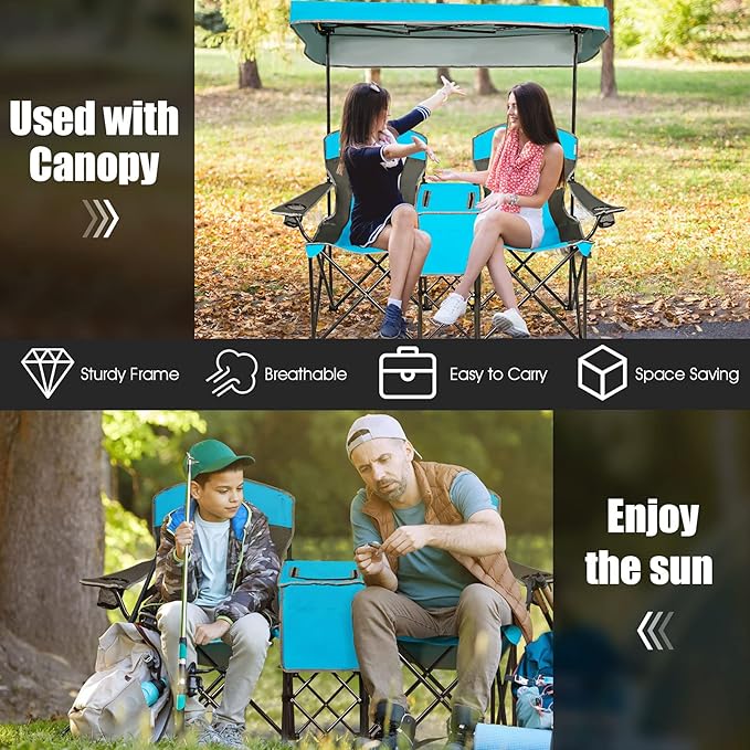 GYMAX Double Camping Chair Beach Chair with Canopy Shade Adjustable UV Protection Cooler Cup Holder &amp Carry Bag Folding Portable Lawn Soccer Camp Chair with Umbrella for Adults (Blue 2 Perso