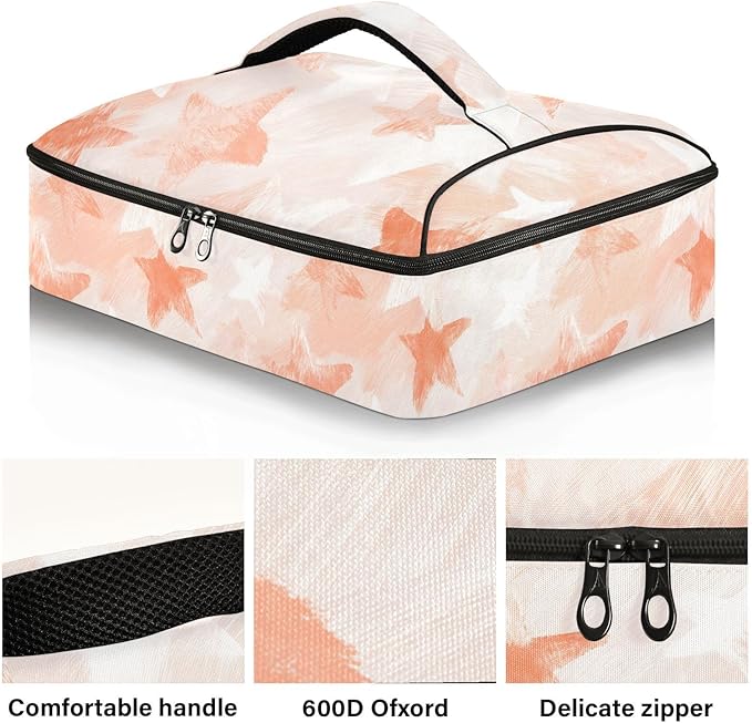 Casserole Carrier Pinkish Stars PatternInsulated Casserole Carrier for Hot or Cold Food Thermal Lunch Tote for Potluck Parties Picnic Beach Fits 9 x 13 Inches Baking Dish