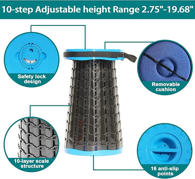ALEVMOOM Upgraded XXL 50 Portable Collapsible Stool with CushionTelescoping Folding Stool for AdultsYet More Sturdy Camping Stool with Load Capacity 1000lbsfor Outdoor Garden Hiking BBQ Blue