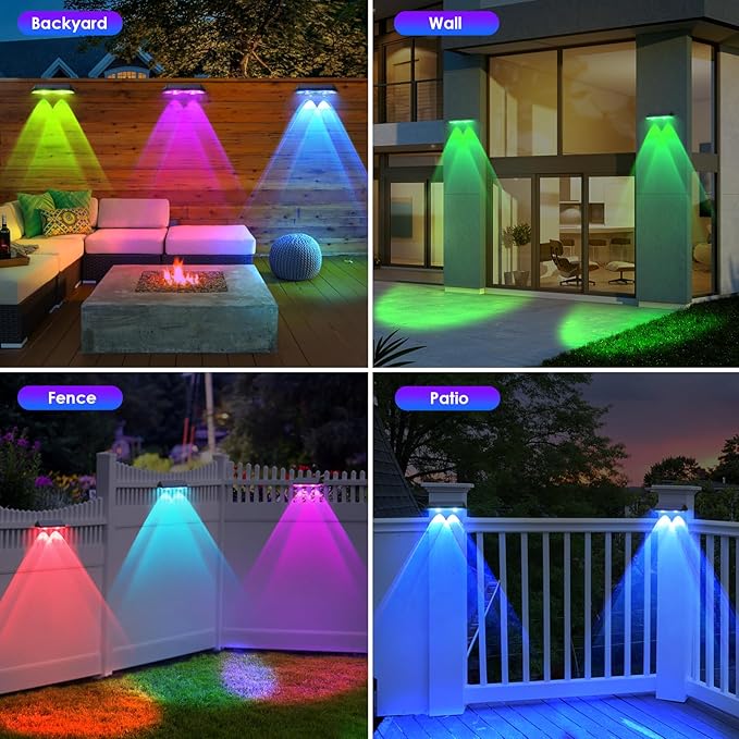 Solar Fence Lights Outdoor - Warm White &amp RGB 6 Color Dusk to Dawn Solar Deck Light Solar Lights Outdoor IP65 Waterproof Garden Lights for Outside/Backyard/Railing/Step/Patio/Wall (12 pack)