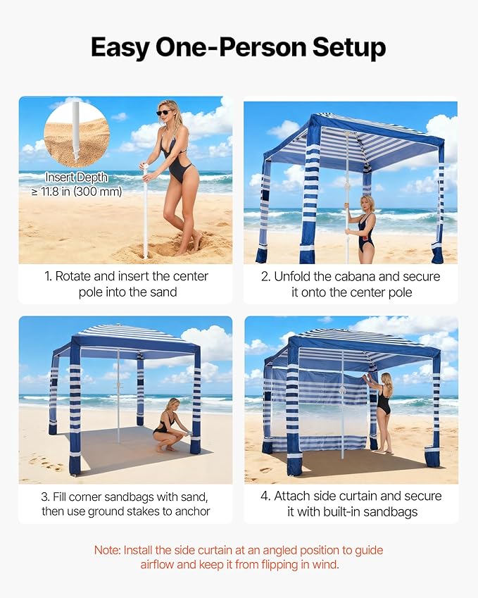 VEVOR Beach Cabana 8 x 8 ft Beach Canopy with Side Wall UPF 50+ Protection Easy Setup Cabana Tent with Sand Pockets Adjustable Height Portable Shade Sun Shelter Umbrella for Family Navy Stripes