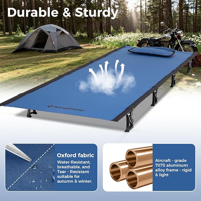KingCamp Ultralight Camping Cot Portable Folding Tent Camping Cot 265 Lbs Heavy Duty Sleeping Cot with Pillow for Adults Outdoor Backpacking Travel Hiking Blue/Black