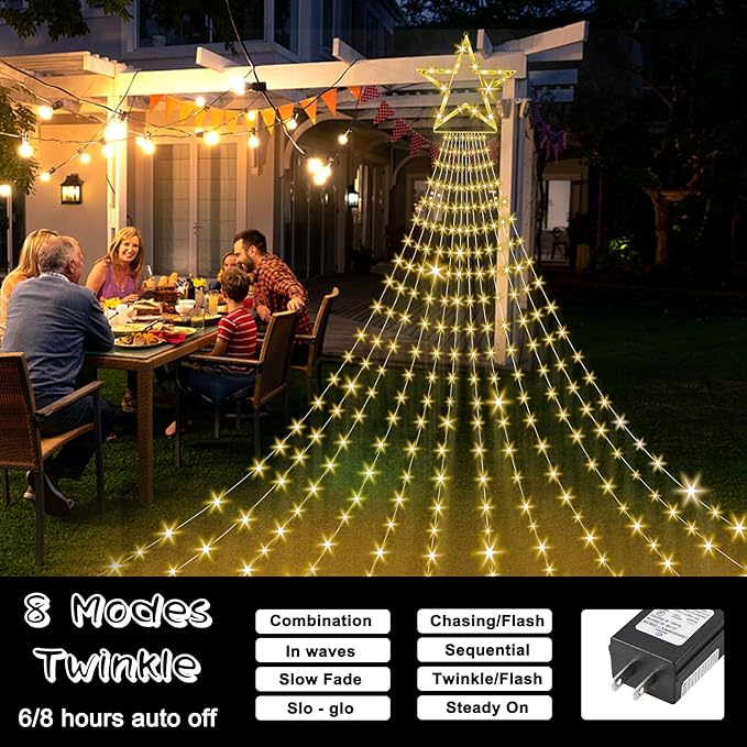 Onory Christmas Outdoor Star String Lights 23FT 860 LED Waterproof Waterfall Tree Lights with Star Topper 8 Modes Christmas Decorations Outdoor Tree Lights for Patio Yard Party Holiday Dec