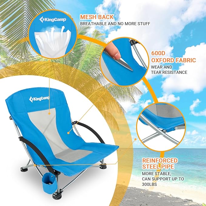 KingCamp Low Beach Chair Folding Portable Lightweight Backpack Chair for Adults with Cup Holder Pocket Carry Bag for Outdoor Camping Concert Festival Travel Sports Lawn Sand Blue