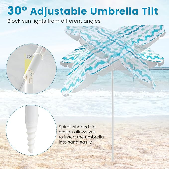 GYMAX Beach Chair with Umbrella Set of 4 Including 2 Folding Chairs Blanket Adjustable Parasol &amp Carry Bag Camping Chairs with Sunshade for Beach Patio Poolside Deck Lawn Picnic