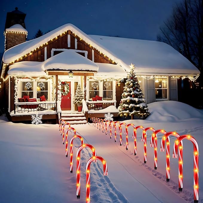 Candy Cane Lights - 10 Pack Candy Cane Pathway Lights 10 Christmas Candy Cane Light Red Outdoor Candy Cane Christmas Decor for Walkway Driveway Sidewalk Garden Xmas Path Stake Light Markers