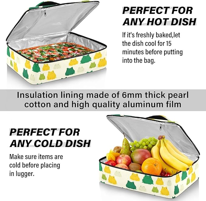 Casserole Carrier Pattern FrogInsulated Casserole Carrier for Hot or Cold Food Thermal Lunch Tote for Potluck Parties Picnic Beach Fits 9 x 13 Inches Baking Dish