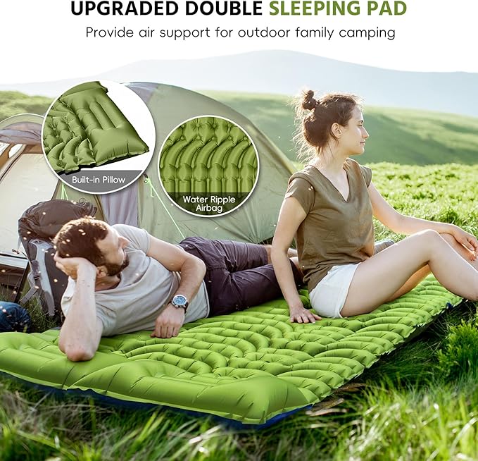 Double Sleeping Pad for Camping Self Inflating 4 Extra Thick Camping Sleeping Pad for 2 Person with Pillow Built-in Foot Pump Portable Sleeping Mat for Backpacking Hiking Travel Tent