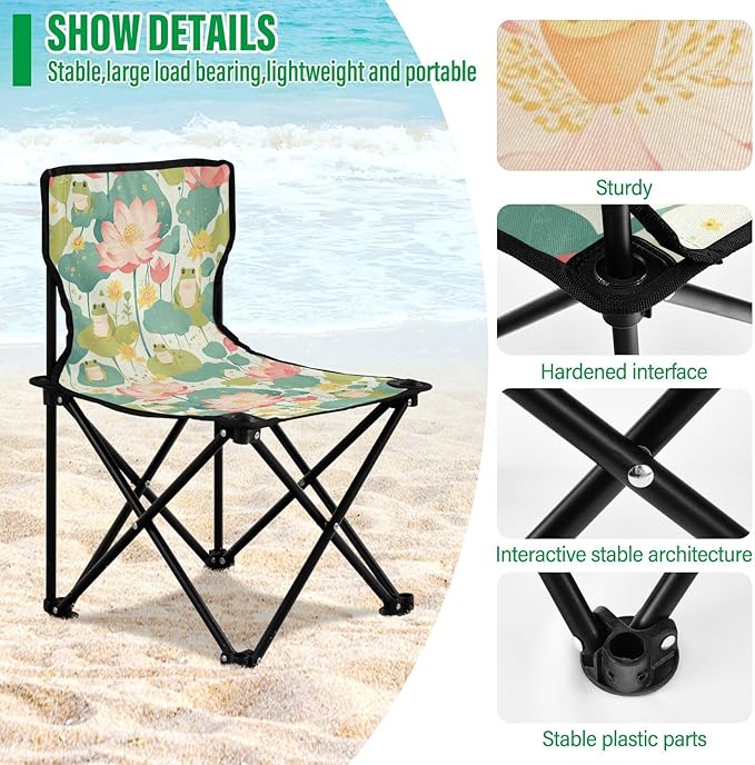 Fresh Spring Cute Frogs Flower Collapsible Camp Chairs Lightweight Backpacking Chair with Carrying Bag