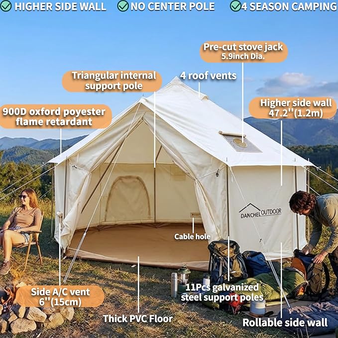 DANCHEL OUTDOOR B6 Luxury Glamping Wall Tent w/Stove Jack No Center Pole Higher Side Wall 900D Flame Retardant Oxford for 4 Season 4-6 Person Family Yurt Cabin Glamping Camping13ft/16.4ft