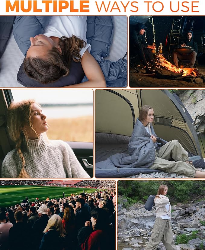 KingCamp 2 Pack Ultralight Camping Blankets Packable Down Alternative Puffy Wearable Quilts with Snap Buttons Weatherproof for Outdoor Travel Hiking &amp Stadium (69x53 Charcoal + 79x57 Seawav