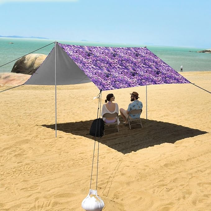ALAZA Purple Leopard Print Beach Tent Sun Shelter UPF50+ Protection Beach Shade Canopy w/ 4 Sandbags for Outdoor Camping Fishing Backyard Fun Picnic 10x9 ft