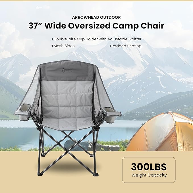 ARROWHEAD OUTDOOR Oversized Folding Camping Chair Heavy-Duty 300 lbs Capacity Adjustable Double Cup Holder Mesh Panels Inner Storage Pockets &amp Carry Bag