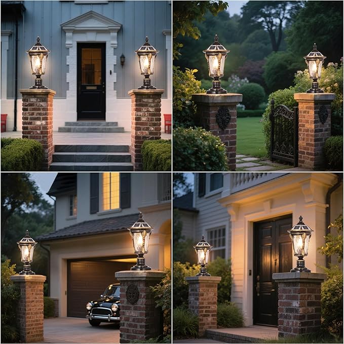 Solar Post Caps Lights for Outdoor 19.29In Black Pillar Lamps with Remote Control Column Lights Waterproof Landscape Pathway Lighting Exterior Fence Deck Caps Lanterns Gate Yard Mailbox Pier Lamps