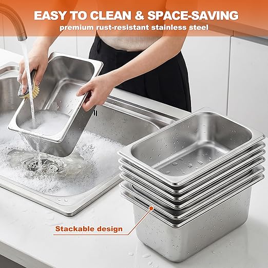 6 Pack 1/3 Size Stainless Steel Hotel Pans with Lids 6 Inch Deep Steam Table Pans Anti-Jam Metal Hotel Pans with Clip for Restaurant Home Catering Food Storage