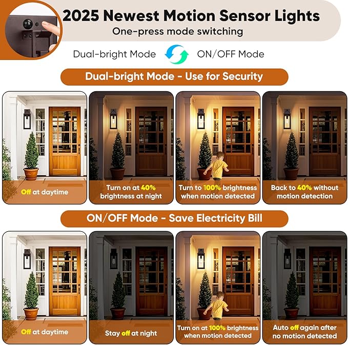 BesLowe 16” Upgraded Motion Sensor Outdoor Wall Lights Dusk to Dawn Porch Lights Outdoor Wall Sconces 3 Lighting Modes Exterior Lighting Fixtures with Hooks Brown Outside Lights for House 2-Pack