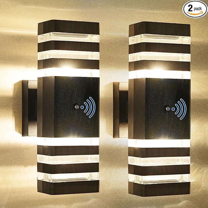 2PK Dusk to Dawn Sensor Outdoor Wall Lights Up Down Porch Lights Modern Exterior Light Fixtures Photocell Waterproof Black Aluminum Housing for Front Porch Patio Garage (Use Two E26 Bulbs)