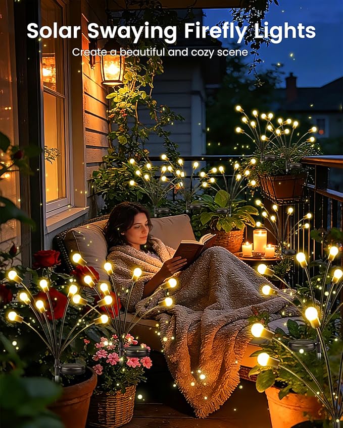 OZS 10 Pack Total 80 LED Solar Firefly Lights Fairy Outdoor - Solar Garden Lights Outdoor Sway by Wind Waterproof for Garden Patio Pathway Fairy Decor (Warm White)