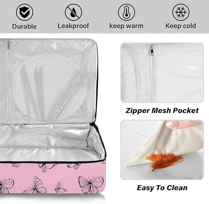 Casserole Carrier Beautiful Pinkish Pattern ButterfliesInsulated Casserole Carrier for Hot or Cold Food Thermal Lunch Tote for Potluck Parties Picnic Beach Fits 9 x 13 Inches Baking Dish