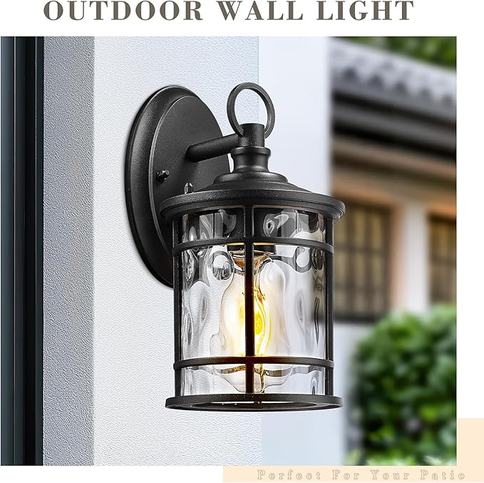 Emliviar 2 Pack Exterior Wall Sconce Light Anti-Rust Outdoor Lanterns Wall Lamps Farmhouse Patio Lightings with E26 Socket &amp Water Ripple Glass Black Finish XE229BS-2PK BK-WG