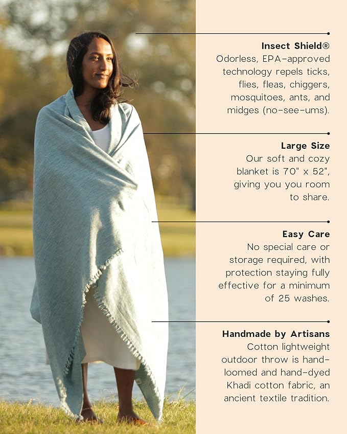 Bug Repellent Tranquil Blanket with Insect Shield Technology Repels Mosquitoes Ticks Flies and More in One of a Kind Handmade Khadi Cotton (Teal)