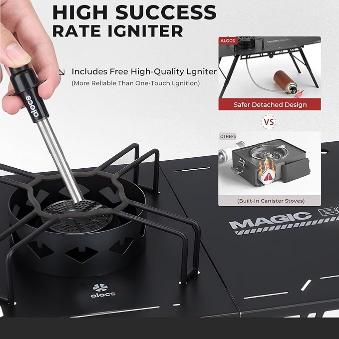 Alocs Camping Gas Stove IGT Camp Table with Outdoor Stove Folding Picnic Table with Portable Solo Stove Carrying Bag for Beach Grilling Hiking Fishing Tailgating Backyard