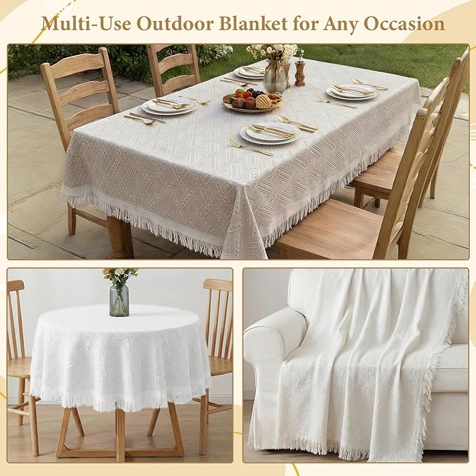 91 x 71 Inch Large White Picnic Blanket Outdoor Picnic Blanket with Fringe Soft Cotton Woven Blanket Picnic Lightweight Foldable Blanket Picnic for Beach Park Camping (White Grid Pattern)