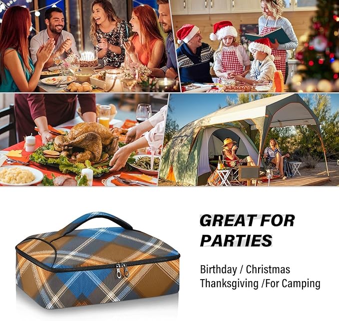 Casserole Carrier Blue Brown Tartan Pattern Insulated Casserole Carrier for Hot or Cold Food Thermal Lunch Tote for Parties Picnic Travel Carry Bag