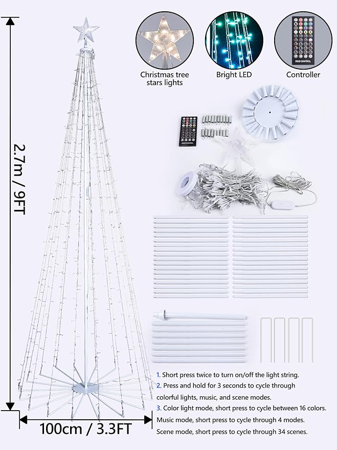 Flacchi 8.8 FT Smart Christmas Tree Lights - Star Tree Topper with Removable Bracket App Control Sync with Music Waterfall Colored Lights for Indoor Outdoor Xmas Decorations (8.8FT/ String Lights)