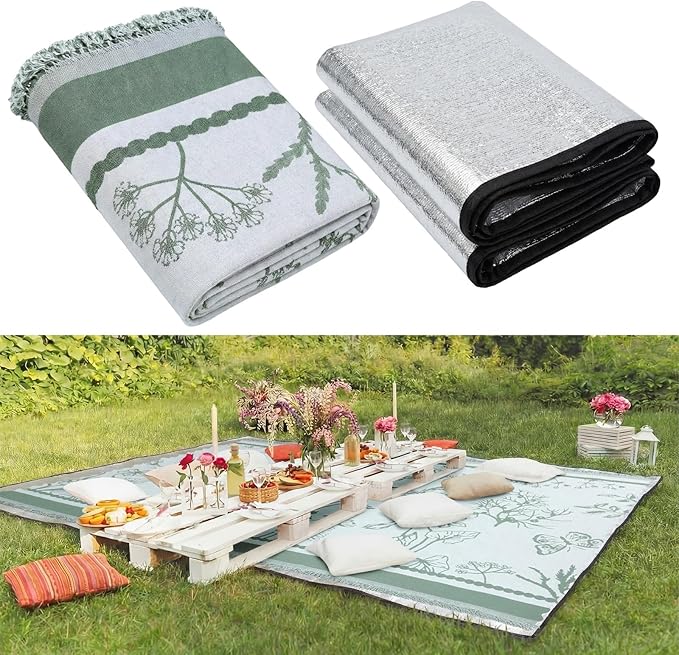 91x 71 in Extra Large Outdoor Picnic Blanket with Waterproof Mat Oversize Beach Woven Cotton Yarn Blanket with Fringe Machine Sandproof for Spring Summer Camping Beach Park(PlantsGreen)