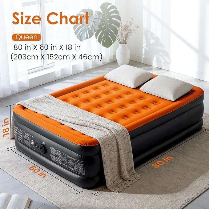 Lamberia Air Mattress with Built in 2 Purpose Pump 18 Raised 660lbs Max Comfort Inflatable Mattress Blow up Mattress Portable Air Bed for Camping Guests Home Colchon(Orange BlackQueen)