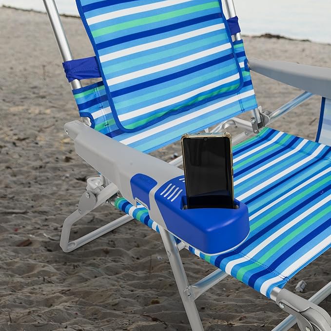 Tommy Bahama 4-Position Face-Opening Read Through Lounger with Ottoman Portable Folding Beach Chair Blue Stripe