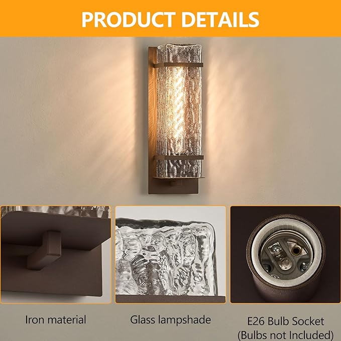 Brown Outdoor Wall Light 13.4in Exterior Waterproof LanternsPorch Sconces Wall Mounted Lighting with E26 Sockets &amp Textured Glass Shades for GarageDoorwayPatioFront Door