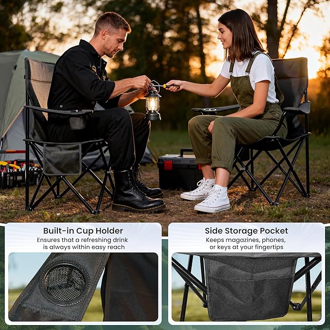 Portable Camping Chair 2 Pack Folding Outdoor Chair with Cup Holder &amp Side Pocket for Camping Hiking Picnic Beach (Black)