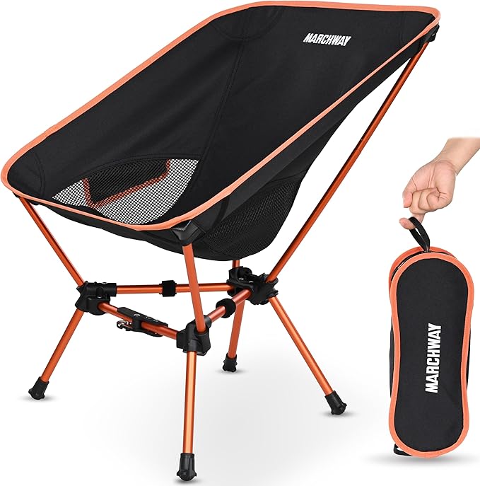 MARCHWAY Lightweight Folding Camping Chair with Spring Lock Stable Compact Portable for Outdoor Camp Travel Beach Picnic Festival Hiking Backpacking (Lowback Orange)