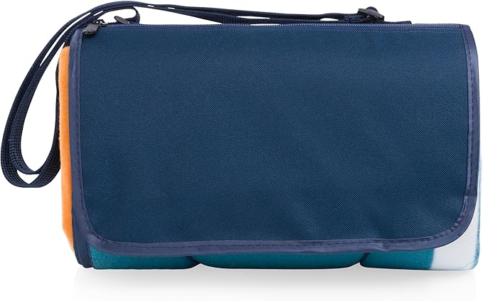 Picnic TIME Outdoor Picnic Blanket Tote 59x51 Foldable Beach &amp Camping Blanket with Soft Fleece Water-Resistant Bottom Adjustable Strap &amp Zippered Pocket (Marine Stripe)
