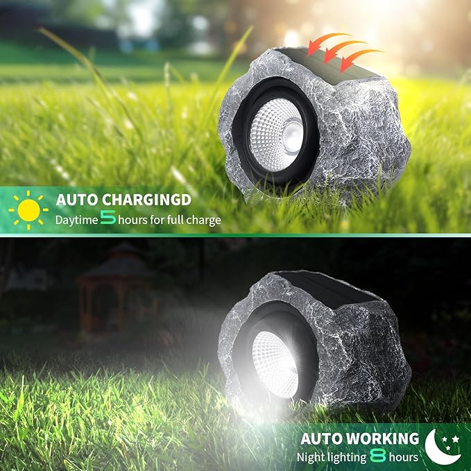 2 Pack Solar Rock Lights Outdoor Angle Adjustable Solar Lights Outdoor Waterproof LED Solar Garden Lights Auto On/Off Landscape Lighting for Yard Pathway Patio Flower Bed - White Glow (Stone Gray)
