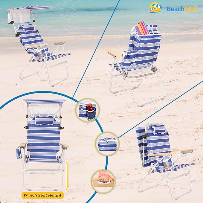 Heavy Duty Tall Beach Chair with Canopy Shade for Adults 17 High Off Ground 4-Position Reclining Insulated Cooler &amp Storage Pouch Bamboo-Finish Arms 300 lb Capacity