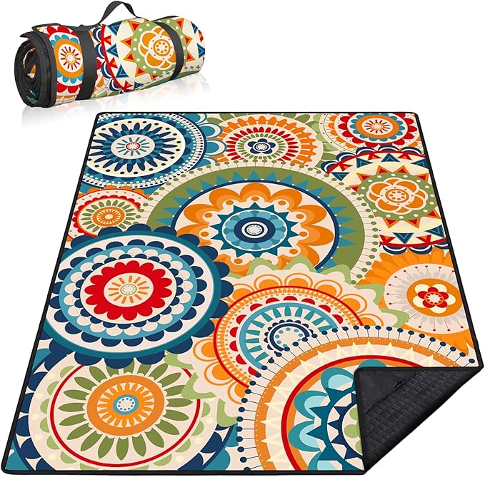 Boho Picnic Blankets Waterproof Foldable 60″X80″Packable Picnic Mat Geometric Outdoor Blanket for Grass Colorful Large Beach Blanket Sandproof Picnic Accessories for Camping Music Festival Park Lawn