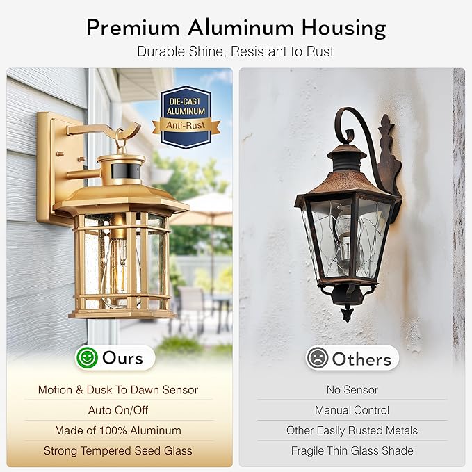 VIANIS Outdoor Motion Lights for House 2-Pack Dusk to Dawn Outdoor Lanterns for Front Porch Waterproof Anti-Rust Aluminum Exterior Wall Sconce with Tempered Water Glass for Garage Entrance Entryway